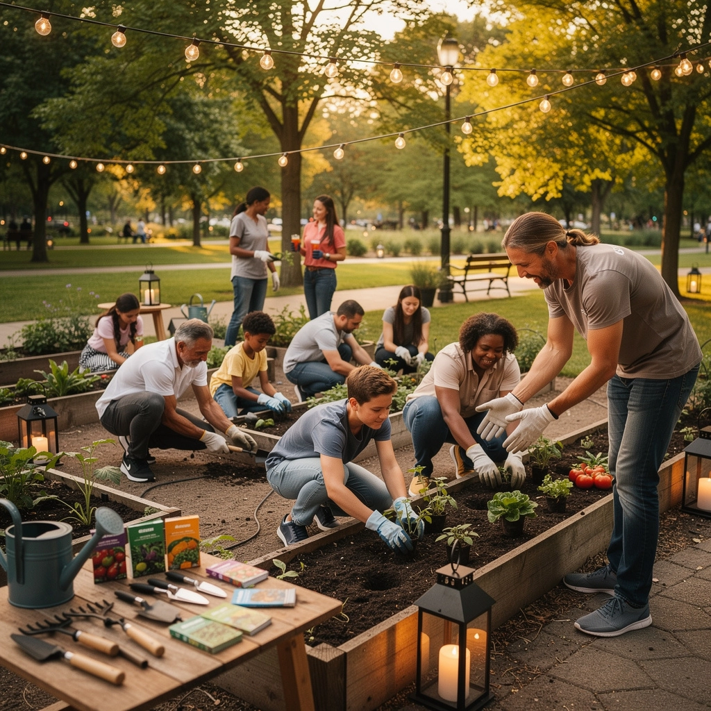 庭用品の写真、種子ガイドや手入れノートが並ぶ庭の風景。